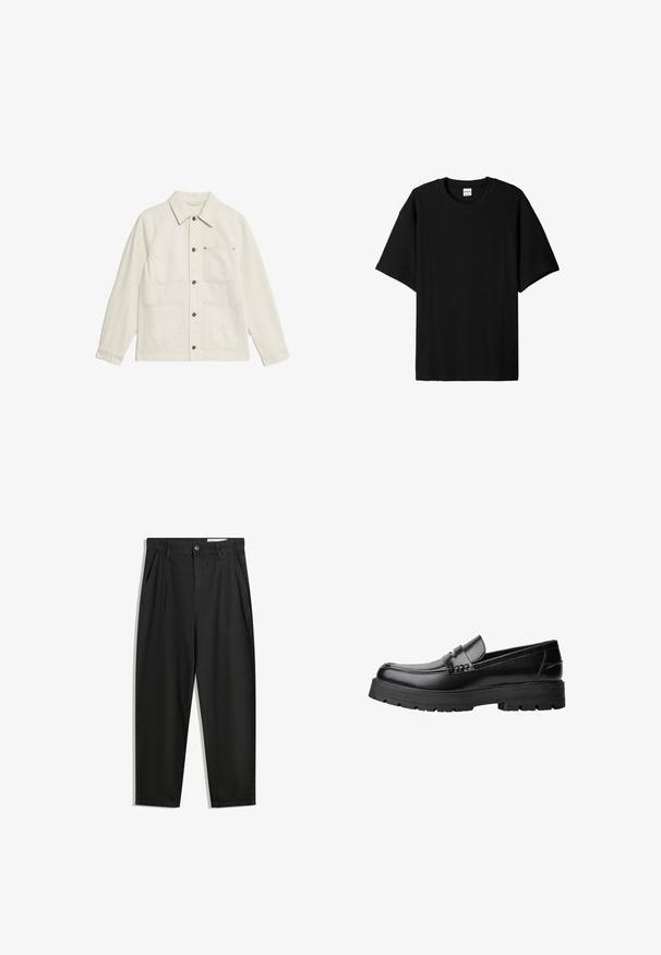Weißes Utility-Jackett aus strukturiertem Stoff. Verfügt über einen Kragen, eine Knopfleiste und vier vordere Taschen mit kontrastierenden Beschlägen.; Schwarzes, geripptes T-Shirt mit kurzen Ärmeln und Rundhalsausschnitt, das einen lockeren Schnitt und eine strukturierte Oberfläche bietet. Einfaches Design; keine Grafiken oder Akzente.; Schwarze Baumwollhose mit lockerem Schnitt, ausgestattet mit einem klassischen Bund, vorderen Falten und Seiten taschen. Glatte Textur ohne Muster.; Schwarzer Lederloafer mit grobem, rutschfestem Sohlenprofil und dekorativem Riemen über der Oberseite, seitlich links auf weißem Hintergrund abgebildet.