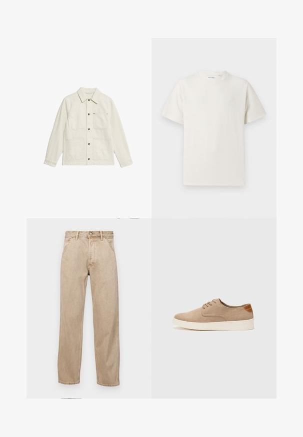 Hvid utility-jakke lavet af tekstureret stof. Har en krave, knaplukning og fire frontlommer med kontrasthardware.; Hvid kortærmet T-shirt i ribbet tekstur. Rund halsudskæring, løs pasform, ingen synlige mønstre eller accenter. Enkel og alsidig design.; Beige denimjeans med lige bendesign, med forlommer, metalknaplukning og subtil struktur.; Beige ruskinds sneakers med rund tå, snørebånd foran og en struktureret rygdetalje. Hvid gummisål giver kontrast. Enkel og moderne design.