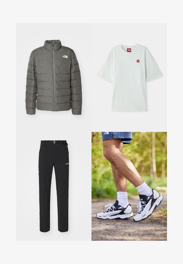 Chaqueta de plumas gris con un alto cuello, secciones acolchadas horizontales, cremallera frontal y un logo en la esquina superior izquierda.; Camiseta de manga corta verde claro hecha de algodón suave, con una pequeña etiqueta de logo rojo en el área del pecho izquierdo. Corte relajado y escote redondo.; Pantalones exteriores negros con una tela suave, bolsillos laterales con cremallera, secciones de rodillas reforzadas y una cintura ajustable con hebilla.; Zapatillas deportivas en blanco y negro con parte superior de malla, acentos texturizados y cordones blancos. Combinadas con calcetines tobilleros blancos y pantalones cortos de color navy en un sendero.