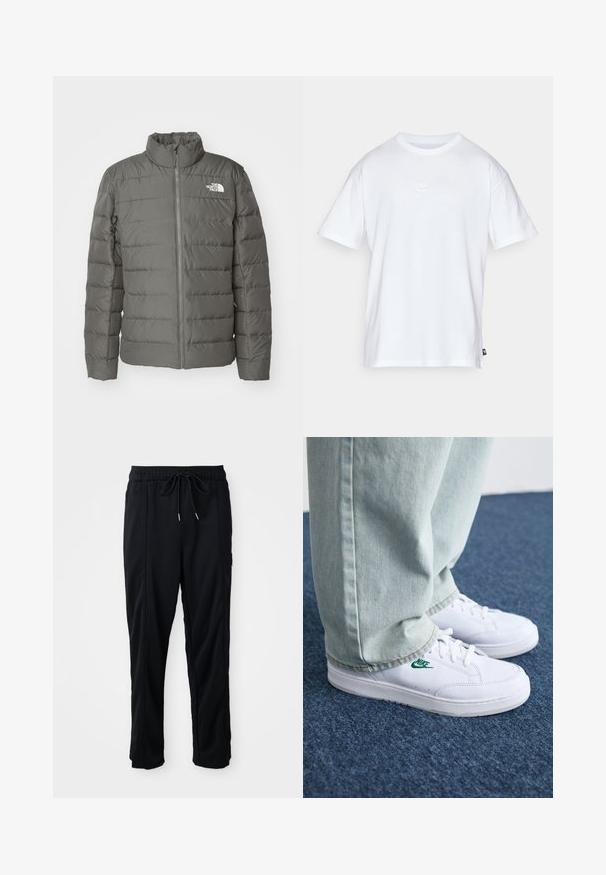 Hallide puffer-jakk, millel on kõrge krae, horisontaalsed villitud sektsioonid, esiküljel lukk ja logo vasakus ülanurgas.; Valge puuvillane t-särk lühikeste varrukatega ja ümmarguse kaelusega. Sellega on kaasas väike, tagasihoidlik Nike logo rinnal ja külgmine silt.; Mustad nööridega vööga igapäevased mustad püksid, külgseamipocketid ja sirge sääre lõikega, ühtlasel taustal.; Valged nahast tennisetossud rohelise Nike logo ja ümarate varvastega, lamedate taldadega, koos helesiniste teksapükstega, esitatud sinisel vaibal.