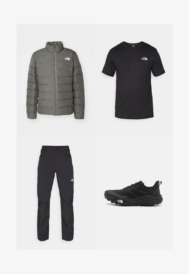 Siva pufer jakna s visokim ovratnikom, horizontalno quilted dijelovima, prednjim zatvaračem i logom u gornjem lijevom kutu.; Crna majica kratkih rukava od pamuka, s okruglim izrezom i malim bijelim logotipom na gornjem lijevom dijelu prsnog koša.; Crne hlače za vanjsko nošenje s patentnim zatvaračem na prednjem džepu, sintetički materijal, sužavajuće nogavice i ojačane koljenice. Sadrži zatvaranje na gumb.; Crne trail trkačke cipele s teksturiranim gornjim dijelom, gumeni potplat i ojačana zaštita za prste. Imaju podstavljen ovratnik i trakicu za lakše obuvanje.