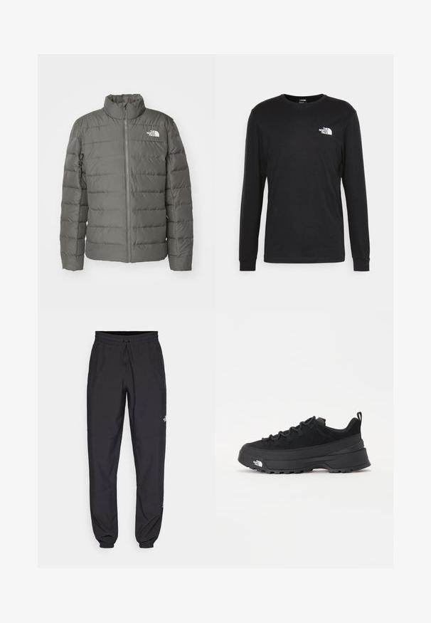 Hallide puffer-jakk, millel on kõrge krae, horisontaalsed villitud sektsioonid, esiküljel lukk ja logo vasakus ülanurgas.; Musthave musta pika varrukatega t-särk, mis on valmistatud puuvillast. Esiplaanil on valge logo vasaku rinna kohal ning ribitekkide detailid. Särk on sileda tekstuuriga ja ümar lõikega kaelusega.; Mustavad sportlikud püksid, mis on valmistatud kergest kangast, joonlauaga taljest, küljetaskudega ja kitsenevate varrukatega pahkluude juures.; Must musta jalats, millel on sametised ülemused, tekstuuriga kummist põhi ja vastupidav sidumise süsteem. Omab tugevdust kannaosas ja brändi logo küljes.