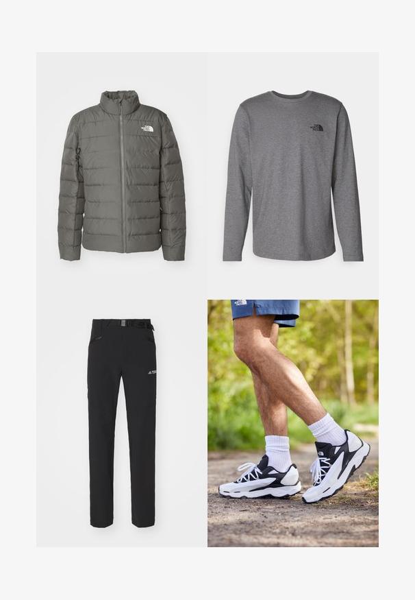 Gray puffer jacket with a high collar, horizontal quilted sections, front zipper, and a logo in the upper left corner.; The North Face M L/S SIMPLE DOME TEE - Long sleeved top - medium grey heather; Black outdoor pants with a smooth fabric, side zip pockets, reinforced knee sections, and an adjustable waistband featuring a buckle.; Black and white athletic shoes with mesh upper, textured accents, and white laces. Worn with white ankle socks and navy shorts on a path.