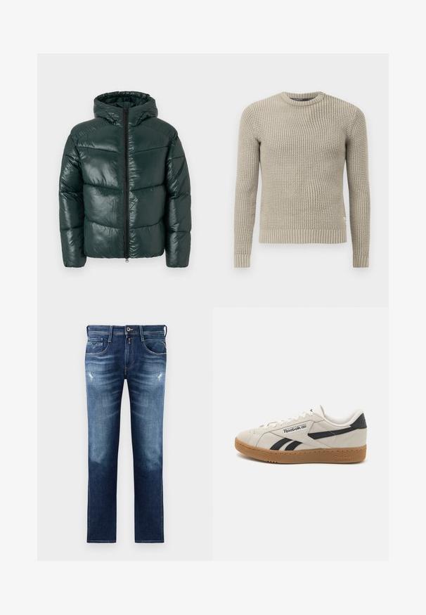 Dark green puffer jacket with a glossy finish, hood, and full-length zipper. Quilted design with prominent stitching and a relaxed fit.; Beige knitted sweater with long sleeves, ribbed cuff and hem, round neck, textured pattern, made from soft material.; Blue denim jeans with a regular fit, featuring a faded wash, slight distressing, five pockets, and contrast stitching. Button closure at waist.; Reebok sneakers in beige suede with black accents. Features a gum rubber outsole, traditional lacing, and padded collar for comfort.