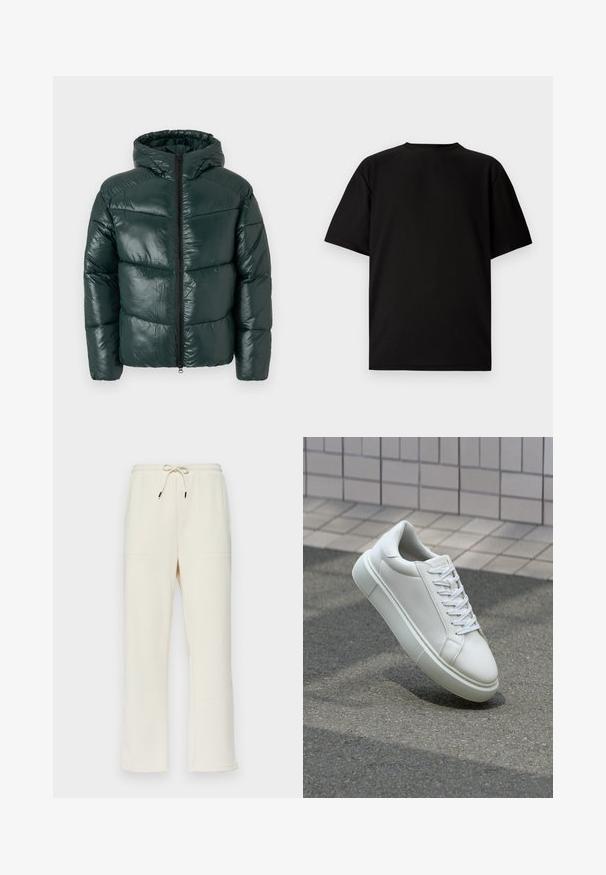 Dark green puffer jacket with a glossy finish, hood, and full-length zipper. Quilted design with prominent stitching and a relaxed fit.; Black short-sleeve T-shirt made from ribbed fabric. Features a round neckline and a relaxed fit with a smooth texture. Back view only.; Cream-colored ribbed sweatpants with a drawstring waistband, featuring two side pockets and a straight leg design.; White leather sneaker with a smooth surface, round toe, and flat white laces. Features a textured rubber sole and minimal design elements.