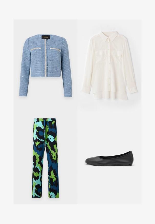 Jachetă din tweed albastru, scurtă, cu mâneci lungi, închidere cu fermoar în față, două buzunare la piept și detalii decorative de-a lungul deschiderii și buzunarelor.; Cămașă albă cu nasturi, confecționată dintr-un material ușor. Prezintă un guler clasic, două buzunare pe piept și o margine din spate puțin mai lungă.; Pantaloni multicolori cu un model abstract îndrăzneț în negru, albastru și verde. Realizați dintr-un material neted, cu talie ajustabilă prin șnur.; Balerini din piele neagră, cu vârf rotund, textură netedă, detalii de cusătură minimale și un design al tălpii flexibil.