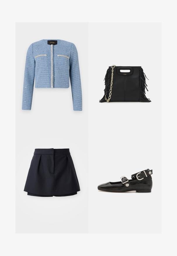 Beskarvet blå tweedjakke med lange ærmer, lynlåslukning foran, to brystlommer og udsmykket detaljer langs åbningen og lommerne.; Mørkeblå ribbet polo-shirt med spidse krave, korte ærmer og to forlommer med trykknapper; fremhævet med hvide søm detaljer.; Marineblå plisserede shorts med høj talje, fremstillet af glat stof. Har et tætsiddende design og en skjult forlommer.; Sorte patenteret lædersko med firkantet tå, ankelrem med sølvhardware og flad sål. Glat tekstur med minimalistisk design.; Sort læder skuldertaske med frynse-detaljer, guldkæde skulderrem og udskåret håndtag. Har logo placeret på forsiden.