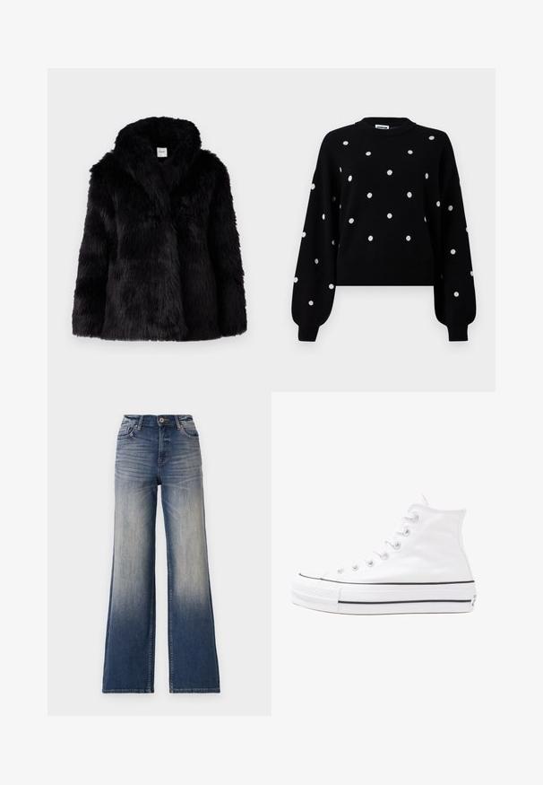 Juodas dirbtinio kailio švarkas su tekstūruotu apdailu, turintis platų apykaklę ir atvirą priekį. Dizainas yra laisvo kirpimo, tinkamas dėvėti sluoksniais.; Juodas megztinis su baltais taškučiais, apvaliu iškirpimu ir ilgomis rankovėmis. Pagamintas iš minkštos medžiagos, su gipiūrinėmis rankovių ir apykaklės dalimis.; Aukštai juosmenio plačios kojų džinsai šviesiai mėlynos iki tamsiai mėlynos džinsinio audinio su nublukimu, su mygtukų užsegimu ir diržo kilpomis. Švarus apdaila ir jokių matomų dekoracijų.; Balti aukštakulniai drobės sportbačiai su juodu guminio pado, priekinio guminio piršto dangteliu ir šešiais akytėmis raištams, pasižymintys švariu, minimalistiniu dizainu.