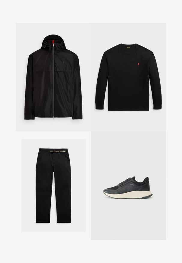 Polo Ralph Lauren FULL-ZIP HOODED JACKET - Skraistė - black; Juodas ilgomis rankovėmis t-shirt, pagamintas iš medvilnės. Turi apvalų kaklą, suglebusius rankogalius ir mažą raudoną siuvinėtą logotipą ant krūtinės. Lygi tekstūra.; Juodos kelnės, pagamintos iš lengvo audinio, su elastinga juosta ir integruota žalia diržo dalimi, tiesaus kirpimo ir šonomis kišenėmis.; Juodi sportiniai bateliai su tinkleliu, turintys perforacijas, tekstūruotą kremine spalvos tarpinę ir guminį pado paviršių geresniam sukibimui.