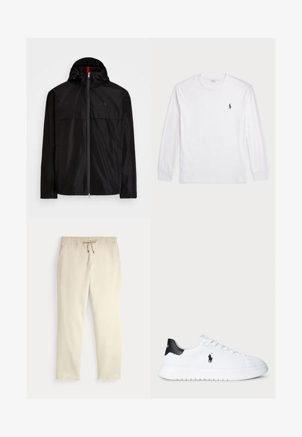 Polo Ralph Lauren FULL-ZIP HOODED JACKET - Poletna jakna - black; Bela dolga majica s dolgimi rokavi iz bombaža. Ima okroglo ovratnico, rebraste manšete in majhen temno moder polo logo na levem prsnem delu.; Off-white prazne hlače s elastičnim pasom in vrvico, ravne noge in stranske žepke na enobarvni podlagi.; Bela nizka športna obutev s črnim petnim delom in črnim logotipom Polo Ralph Lauren na strani, z belimi vezalkami in debelim gumijastim podplatom.