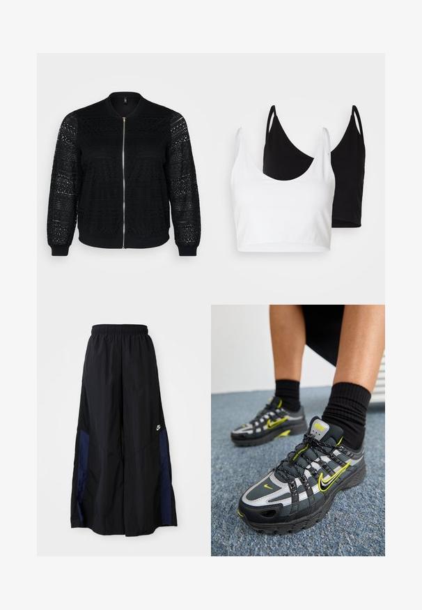 Zwarte bomberjack met kantdetails, ritssluiting, ribgebreide manchetten en zoom, met ingewikkelde patronen op de mouwen en het voorpaneel.; Twee katoenen crop tops in wit en zwart. Elke top heeft een diepe halslijn en dunne schouderbandjes, met een gladde, zachte textuur.; Zwarte wijdlopende broek van lichtgewicht stof, met een marineblauwe zijpaneel en een elastische tailleband. Klein wit logo onderaan.; Zwarte en grijze sport schoenen met reflecterende zilveren accenten, gestructureerde meshpanelen en felgele details. Vetersluiting met een gestructureerde zool.