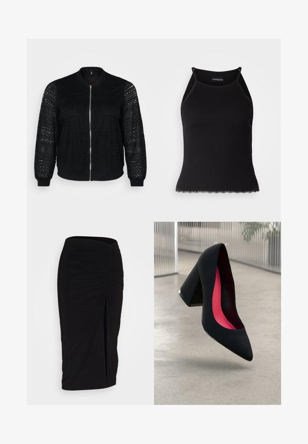 Melna bomber jaka ar mežģīņu apdari, ar rāvējslēdzēju, ribotām piedurknēm un apakšmalu, ar sarežģītu rakstu uz piedurknēm un priekšējā paneļa.; Melna ribota topiņa ar izšūtu mežģīņu apdari apakšmalā. Iezīmē plānas siksniņas un pielāgotu piegriezumu. Izgatavota no stiepjama auduma.; Melna, ručām veidota zīda svārku ar saišu detaļu un sānu izgriezumu. Izgatavota no elastīga auduma, ar gludu tekstūru un pieguļošu dizainu.; Melna augsta papēža kurpe ar smailu purngalu, teksturētu virsmu un dzīvespriecīgu rozā interjeru. Satur masīlu papēdi ar sudraba akcentu.