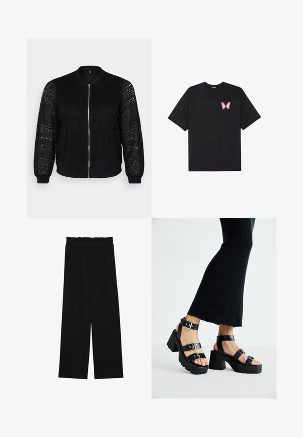 Black bomber jacket with lace detailing, zip closure, ribbed cuffs and hem, featuring intricate patterns on the sleeves and front panel.; Black cotton t-shirt with short sleeves, featuring a small pink butterfly graphic on the left chest. Crew neck design with a relaxed fit.; Black wide-leg trousers with a ruffled waistband, featuring two side pockets and a smooth, lightweight fabric. No visible patterns or hardware.; Black platform sandals with chunky, lug soles and multiple straps, featuring metal buckles and a smooth leather-like texture.
