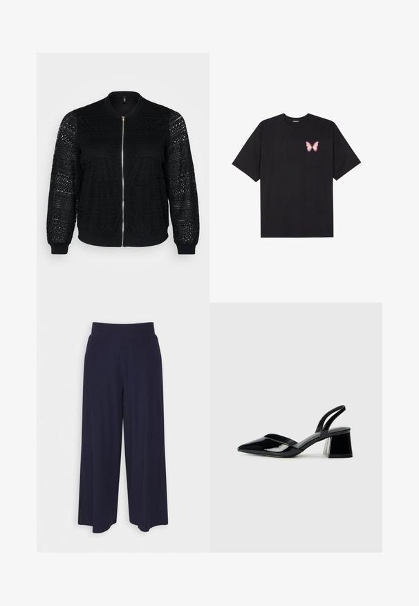 Črna bomber jakna z čipkastimi detajli, zadrgo, rebrastimi manšetami in robom, z zapletenimi vzorci na rokavih in sprednjem delu.; Črna bombažna majica s kratkimi rokavi, ki ima majhen roza metuljček na levi strani prsnega dela. Majica s krožnim ovratnikom in sproščenim krojem.; Široke hlače iz temno modrega blaga z rebrasto teksturo. Imajo gladek pas in tekoč silhueto, ki seže do sredine tele.; Črne lakirane slingback pete s koničastim nosom in geometrijsko blokasto peto. Imajo eleganten, minimalističen dizajn in gladko teksturo.