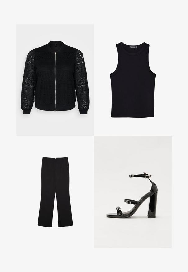 Musta bombersati, jossa on pitsikoristelu, vetoketjukiinnitys, ribbireunat ja -helma, sekä monimutkaiset kuviot hihoissa ja etupaneelissa.; Musta hihaton paita, joka on valmistettu puuvillasta, ja jossa on pyöreä kaula-aukko sekä leveät kainaloaukot. Silkkinen pinta ja ommellut reunat. Klassinen, minimalistinen muotoilu.; Mustat housut suoralinjaisella leikkauksella, joissa on etutaskut ja sivurei'ät helman alla. Valmistettu pehmeästä ja sileästä kankaasta. Sopii eri tilaisuuksiin.; Musta kiiltävä korkokenkä sandaalit neliönmuotoisella varpaalla, nilkkaremmillä ja hopeisilla soljilla. Varustettu tukevalla lohkokorkealla vakauden takaamiseksi.