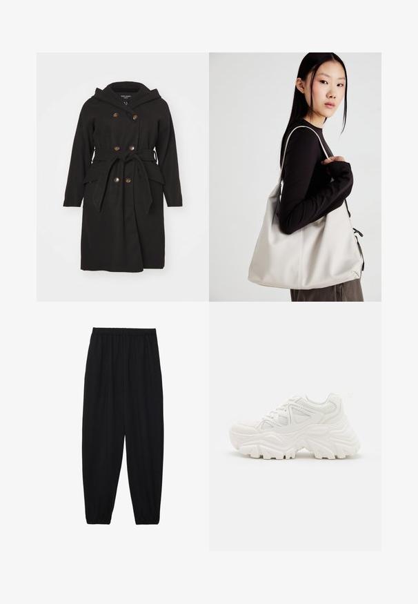 Svart dobbeltspent frakk med hette, som har belte i livet og kontrastfargede, runde knapper, laget av myk tekstil med en jevn tekstur.; Sett med tre kortermede t-skjorter i svart, grått og hvitt. Laget av bomull, med rund hals og en enkel, ensfarget design.; Svarte, lette bukser med elastisk liv og rynkede ankler. Stoffet er glatt og har en avslappet, innsvingt design.; Hvite klumpete joggesko med en teksturert overflate, mesh-paneler og tykke gummisåler med fremtredende mønster. Snøring og trekkstrop er inkludert.; Beige håndveske laget av mykt materiale, med en slapp design, sydd detaljer og to skulderstropper. Passer for daglig bruk.