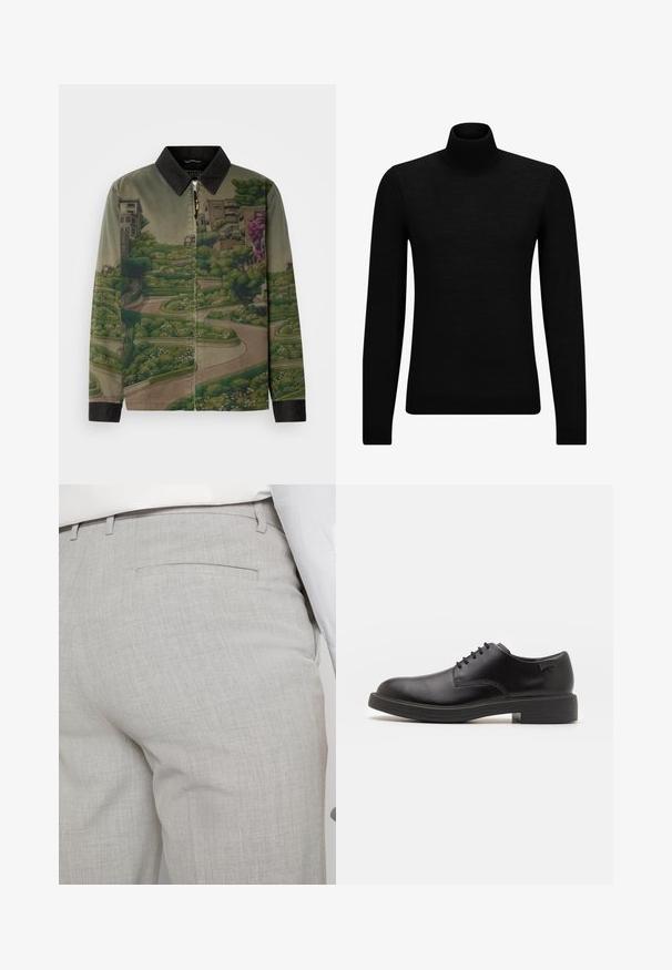 Scotch & Soda PHOTO PRINTED COACH JACKET - Summer jacket - khaki; Black turtleneck sweater made of soft material, featuring long sleeves and a snug fit. Ribbed trim at the hem and cuffs. Simple design.; Light gray tailored trousers made of textured fabric, featuring a single back pocket and clean stitching.; Black leather lace-up shoe with a rounded toe, smooth texture, minimal stitching, and a low rubber heel. Logo on the heel.