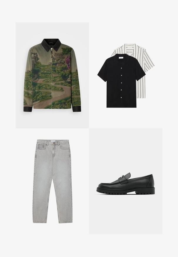 Scotch & Soda - Kurtka wiosenna; Dwie koszule z krótkim rękawem: jedna w solidnej czerni, druga biała w czarne pionowe paski. Obie mają zapięcie na guziki i klasyczny kołnierzyk.; Jasnoszare dżinsy o prostym kroju nogawki, z pięcioma kieszeniami i zapięciem na guzik. Widoczne szwy wzdłuż szwów.; Czarne skórzane mokasyny z zaokrąglonym noskiem, posiadające przeszywany wzór, niską platformę oraz teksturowaną, gumową podeszwę z bieżnikiem.