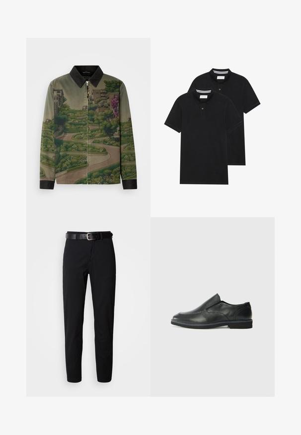 Scotch & Soda PHOTO PRINTED COACH JACKET - Suvejakk - khaki; Kaks musta polo särki, lühikeste varrukatega, puuvillane materjal, klassikalise kraega, kahe nupuga kinnitusega, valgete triipudega krae sisepinnal.; Mustad püksid sirge lõikega, sileda tekstuuriga ja must nahkrihm hõbedase pandlaga. Lihtne disain, ilma mustrite või aktsentideta.; Must musta laia suuga king, millel on sile ülemine osa, õmmeldud detailid, ümmargune nina ja madal kummist konts. Tallal on minimaalne mustr.