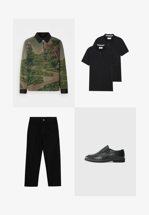 Scotch & Soda PHOTO PRINTED COACH JACKET - Letná bunda - khaki; Dvé čierne polo tričká, krátke rukávy, vyrobené z bavlny, s klasickým golierom, dvojitým gombíkom a bielymi pruhmi vo vnútri goliera.; Čierne denimmové nohavice s rovný strihom, dizajnom s piatimi vreckami a upínaním na prednej strane. Hladká textúra s minimálnymi detailmi šitia.; Čierny kožený nazúvací topánka s hladkým zvrškom, prešitými akcentmi, zaoblenou špičkou a nízkym gumovým podpätkom. Podošva má minimálny dezén.