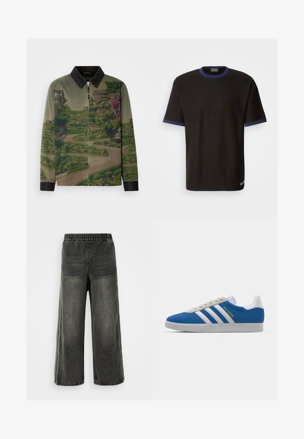 Scotch & Soda PHOTO PRINTED COACH JACKET - Chaqueta fina - khaki; Scotch & Soda RELAXED FIT BOUND NECKLINE - Camiseta estampada - meteorite; Pantalones de mezclilla negro lavado con cinturilla elástica y piernas anchas, con sutiles detalles de costura vertical en los lados.; adidas Originals ADIDAS GAZELLE SHOES - Botines de fútbol sala - real madrid/bluebird/footwear white/crew yellow