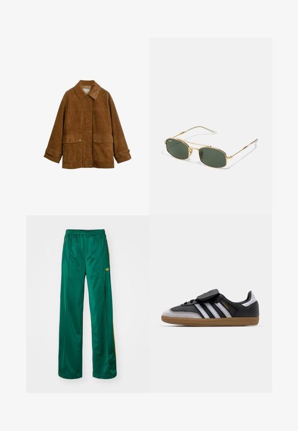 Veste en daim marron avec un col, des boutons sur le devant et deux grandes poches. Elle présente une finition légèrement texturée et des poignets roulés.; T-shirt blanc à manches courtes en tissu lisse, avec un col rond et de subtils détails de couture à l'ourlet.; Pantalons de sport en satin vert avec une coupe décontractée, présentant des accents de rayures jaunes et un logo brodé sur le côté gauche. Taille élastique.; Baskets en cuir noir et en suède gris avec des rayures blanches, semelle en caoutchouc, lacets à l'avant et sangle Velcro. Présente le logo "Samba" en doré.; Lunettes de soleil en métal doré avec verres verts, présentant une forme angulaire et des branches fines. Le design comprend une monture fine et un logo discret sur le verre.