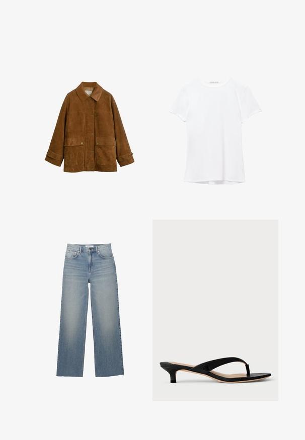 Giacca in suede marrone con colletto, bottoni frontali e due tasche grandi. Presenta una finitura leggermente testurizzata e maniche arrotolate.; T-shirt bianco a maniche corte realizzato in tessuto liscio, caratterizzato da un colletto rotondo e dettagli di cucitura discreti all'orlo.; Jeans a gamba larga di un azzurro chiaro, realizzati in denim, con vita alta, tasche frontali e chiusura con bottone. Texture liscia con zone sbiadite.; Sandal in finta pelle nera con tacco, dotata di sottili cinturini, design con punta aperta e un piccolo tacco a blocco. Presenta un dettaglio del logo sul cinturino.