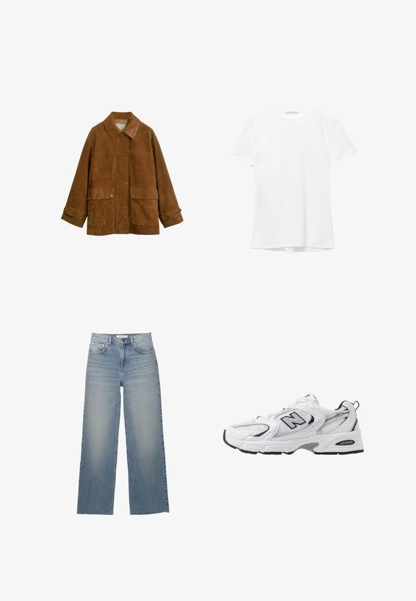 Braune Wildlederjacke mit Kragen, Vorderknöpfen und zwei großen Taschen. Sie hat eine leicht strukturierte Oberfläche und umgeschlagene Ärmel.; Weißes T-Shirt mit kurzen Ärmeln aus glatter Stoffqualität, mit rundem Ausschnitt und dezenten Nähten am Saum.; Helle blaue weit geschnittene Jeans aus Denim mit hoher Taille, vorderen Taschen und einem Knopfverschluss. Glatte Textur mit ausgewaschenen Stellen.; Weißer Sportschuh mit Mesh-Obermaterial, navyblauen Akzenten und gepolsterter Sohle. Verfügt über das "N"-Logo, Schnürsenkel und eine strukturierte Detailverarbeitung an der Seite.