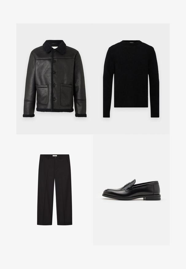 Crna kožna jakna s ovratnikom, četiri gumba sprijeda, dva džepa i teksturiranim ovratnikom od ovčje vune duž rukava i donjeg ruba.; Filippa K SWEATER - Vesta - black; Pola bijela majica kratkih rukava s opuštenim krojem razložena na svijetlosivoj pozadini.; Crne hlače širokih nogavica od glatkog materijala. Imaju kopčanje na gumbe i patentni zatvarač, dva prednja džepa i uredan završetak nogavica.; Crni kožni mokasini s glatkom teksturom, zaobljenim prstima i ukrasnom trakom preko prednjeg dijela. Niski slojeviti potplat, minimalistički dizajn.