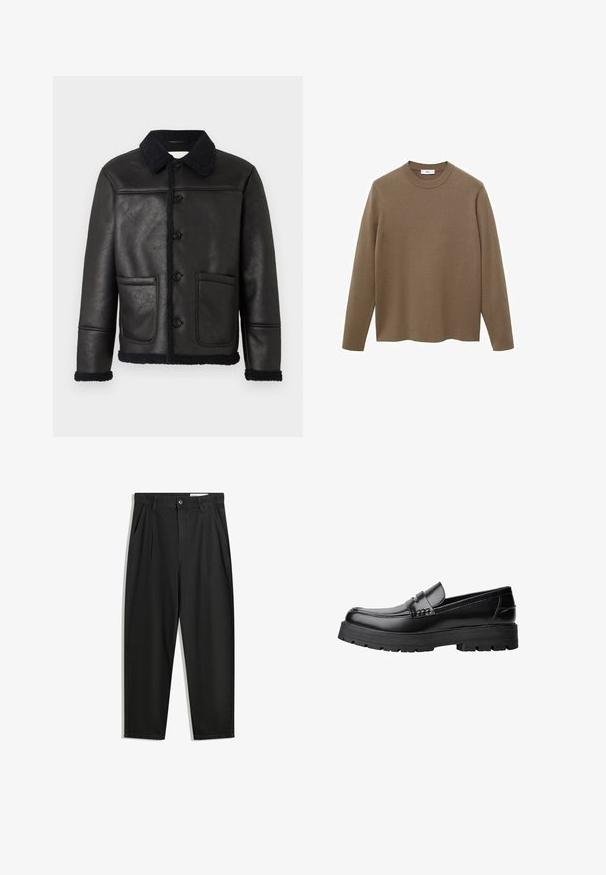 Zwarte leren jas met een kraag, vier knopen aan de voorkant, twee zakken en een gestructureerde schapenvachtafwerking langs de manchetten en de zoom.; Bruine lange mouw trui met een ronde hals, gemaakt van glad, zacht materiaal; kenmerken zijn een ontspannen pasvorm en een rechte zoom.; Zwarte katoenen broeken met een losse pasvorm, voorzien van een klassieke tailleband, voorplooien en zijzakken. Gladde structuur zonder patronen.; Zwarte leren loafer met een chunky profielzool en een decoratieve band over de bovenkant, weergegeven in het linkerzijprofiel op een witte achtergrond.