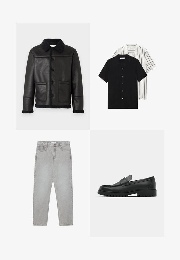 Schwarze Lederjacke mit Kragen, vier vorderen Knöpfen, zwei Taschen und einem strukturierten Lammfellbesatz an den Ärmelbündchen und dem Saum.; Zwei kurzärmelige Hemden: eines ganz schwarz, das andere weiß mit schwarzen vertikalen Streifen. Beide verfügen über Knopfverschlüsse und einen klassischen Kragen.; Helle graue Jeanshose mit gerade geschnittenem Design, Fünf-Taschen-Stil und Knopfverschluss. Sichtbare Nähte entlang der Seitennähte.; Schwarze Lederloafer mit runder Zehenform, ausgestattet mit einem gesteppten Design, niedrigem Plattformsohle und einer strukturierten, genoppten Gummisohle.