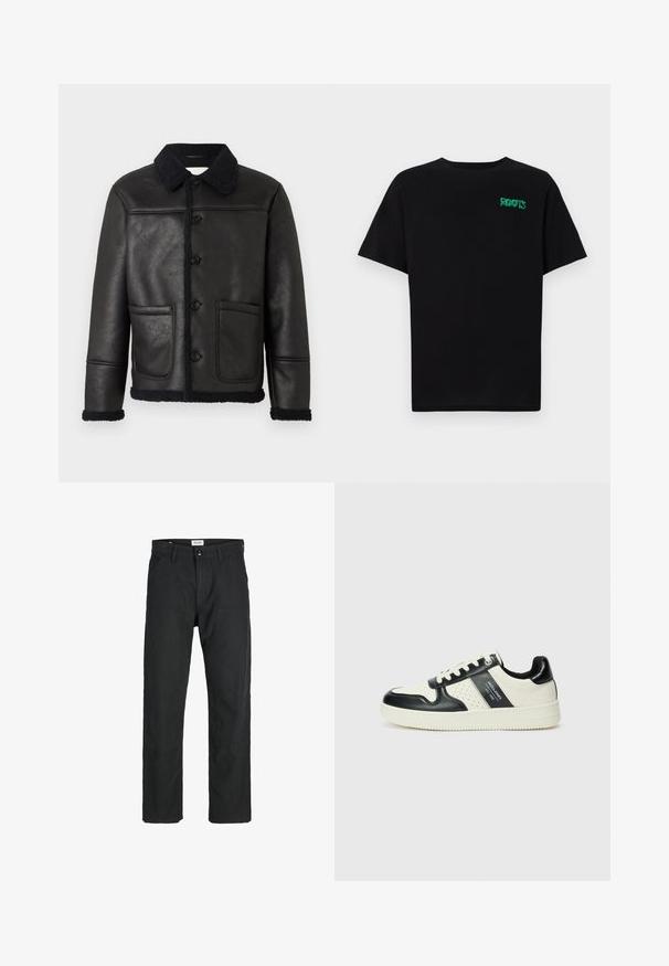 Melnas ādas jaka ar apkakli, četriem priekšējiem pogām, divām kabatām un teksturēta šerlinga apdari pa piedurknēm un apakšmalu.; Melna kokvilnas t-kreka ar īsām piedurknēm. Uz priekšu ir zaļa "ROOTS" logo, apaļa kakla izgriezums un standarta piegriezums.; Melnas bikses no izturīga auduma, ar taisna griezuma dizainu, izšūtām akcentiem un divām priekšējām kabatām funkcionālitātei.; Ādas sporta apavi ar melnbaltu krāsu shēmu, ar perforētiem akcentiem, mīkstinātu apkakli un teksturētu zoli.