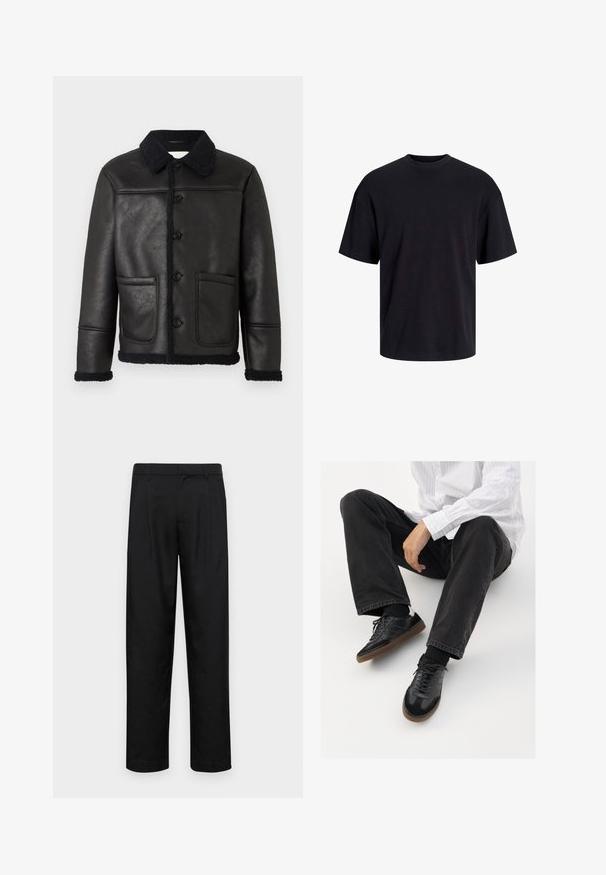 Črna usnjena jakna s ovratnikom, štirimi sprednjimi gumbi, dvema žepoma in teksturiranim ovitem ovčjim krznom ob manšetah in robu.; Črna bombažna majica s krojačkom izrezom, kratkimi rokavi in sproščenim krojem. Gladka tekstura in brez vidnih vzorcev ali poudarkov.; Črne hlače iz gladkega materiala, s krojem ravne noge, dvema sprednjima pregiboma in standardnim pasom z zankami za pas.; Črne superge z gladkim in strukturiranim zgornjim delom, ki vključuje gumijast podplat in temne vezalke. Uvrščene so z štručasto črnimi kavbojkami in belo črtasto majico.