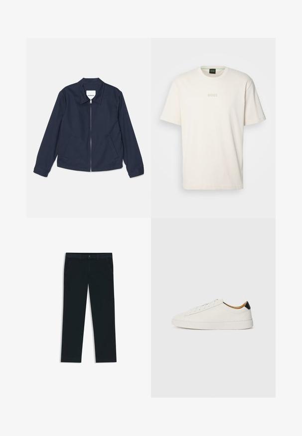 sandro JACKET - Let jakke / Sommerjakker - marine; BOSS TEE - T-shirts basic - open white; Mørkeblå chinos lavet af en bomuldsblanding. Har bæltestropper, forreste lommer og en lynlås med knaplukning.; Hvide sneakers med overdel i glat læder, rund tå og flad sål. Sort accent ved hælen, med tonede snører og minimal branding.