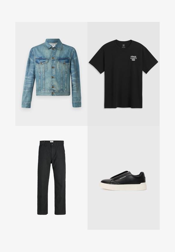 Jachetă din denim, albastră deschisă, cu închidere cu butoane, două buzunare pe piept, guler clasic, mâneci lungi și un design ușor scurtat.; Tricou negru din bumbac, cu un imprimeu pe piept care spune "PLANTE DE CASĂ" cu un font alb stilizat, având "Levi's" dedesubt. Decolteu clasic tip crew.; Pantaloni negri dintr-un material durabil, cu un design cu picior drept, accente cusute și două buzunare frontale pentru funcționalitate.; Tenis negri slip-on cu upper din piele texturată, talpă din cauciuc alb și fără șireturi vizibile. Prezintă logo-ul mărcii pe lateral.