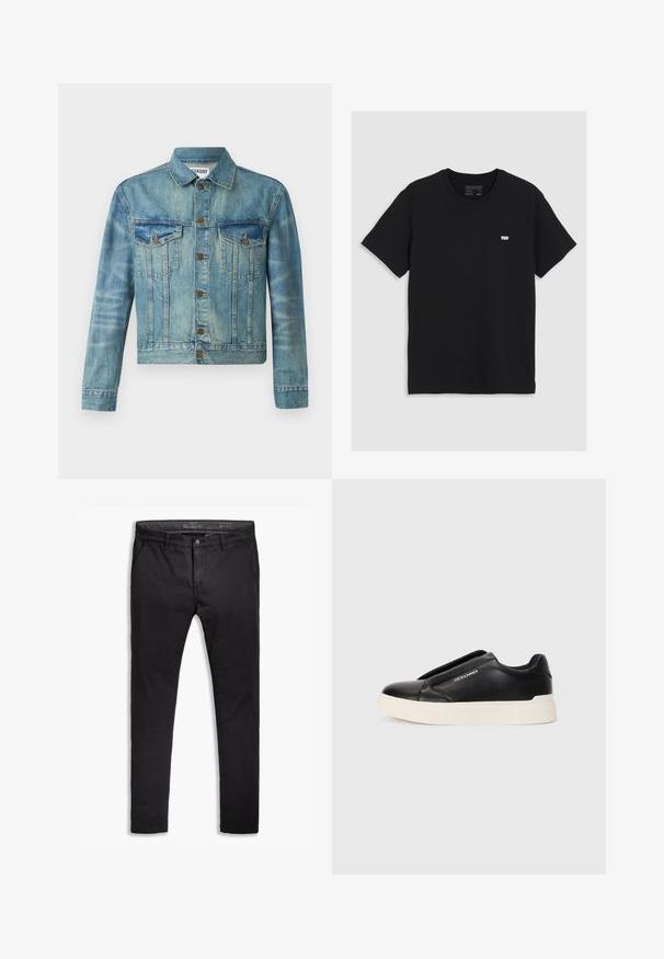 Veste en denim, bleue claire, avec fermeture à boutons devant, deux poches poitrine, col classique, manches longues et coupe légèrement courte.; T-shirt en coton noir à manches courtes, col rond, présentant un petit logo blanc Levi's sur la poitrine, texture lisse, coupe classique.; Chinos en coton noirs avec une coupe fuselée, dotés de cinq poches, passants de ceinture et d'une texture lisse. Braguette à zip avec fermeture boutonnée.; Baskets noires à enfiler avec un dessus en cuir texturé, semelle en caoutchouc blanche et sans lacets visibles. Présente le logo de la marque sur le côté.