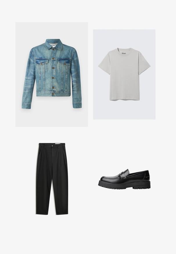 Denim jakna, svetlo modra, z gumbom spredaj, dvema žepoma na prsih, klasičnim ovratnikom, dolgimi rokavi in rahlo skrajšanim dizajnom.; Svetlo siva bombažna majica s krojem in kratkimi rokavi, z minimalističnim dizajnom in sproščenim krojem. Brez vzorcev ali dodatkov.; Črne bombažne hlače s sproščenim krojem, ki vključujejo klasičen pas, sprednje gube in stranske žepke. Gladka tekstura brez vzorcev.; Črne usnjene loafersice s debelim profiliranim podplatom in dekorativnim pasom čez zgornji del, prikazane v levem stranskem profilu na beli podlagi.