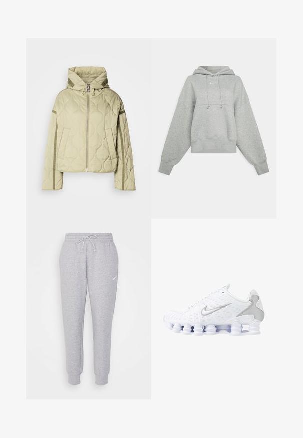 Quilted, light green jacket with a hood, zip front closure, two side pockets, and contrasting fabric accents along the sleeves.; Gray cropped hoodie made of soft fabric. Features a adjustable drawstring hood, wide sleeves, and a small logo on the front.; Light gray sweatpants with a drawstring waist, tapered legs, and a small white logo on the left thigh. Made from a soft, textured fabric.; White athletic shoes with mesh upper, silver accents, and a unique coil sole design. Features padded collar and lace closure for fit.