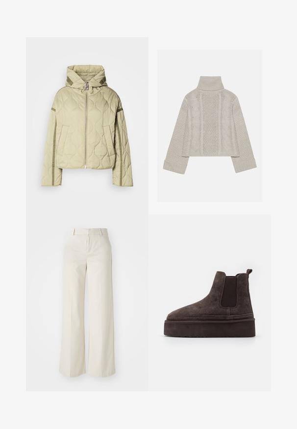 Vaatetettu, vaaleanvihreä takki, jossa on huppu, vetoketjukiinnitys, kaksi sivutaskua ja kontrastiväriset kankaat hihojen varrella.; Lyhyt, vaaleanharmaa neulepusero korkealla kauluksella ja ribbireunuksilla, jossa on teksturoidut letkut kuvioita takana ja sivuilla.; Tilavat housut vaaleassa beigeissä sävyissä, valmistettu sileästä kankaasta. Ominaisuuksina klassinen vyötäröosa ja litteä etuosa, joissa on puhtaat linjat.; Kastanjanruske semiš Chelsea čizme s elastičnim bočnim panelima i debelim, teksturiranim platformom. Imaju petni trak za lakše obuvanje.