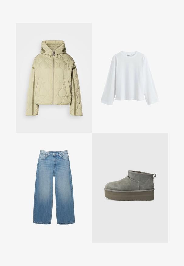 Gequiltede, lichtgroene jas met een capuchon, rits aan de voorkant, twee zijzakken en contrasterende stofaccenten langs de mouwen.; Witte, lange mouwen t-shirt gemaakt van zachte katoen, met een ronde halslijn en een drop-shoulder ontwerp, met een relaxte pasvorm en zonder zichtbare patronen.; Lichtblauwe wijde jeans van denim, met een klassieke vijf-pocketontwerp en een knoopsluiting. Verbleekte textuur overal.; Grijze suède enkellaarsjes met een ronde neus, lage snit en een dikke platformzool. Voorzien van een trekband bij de hak en gestikte accenten.