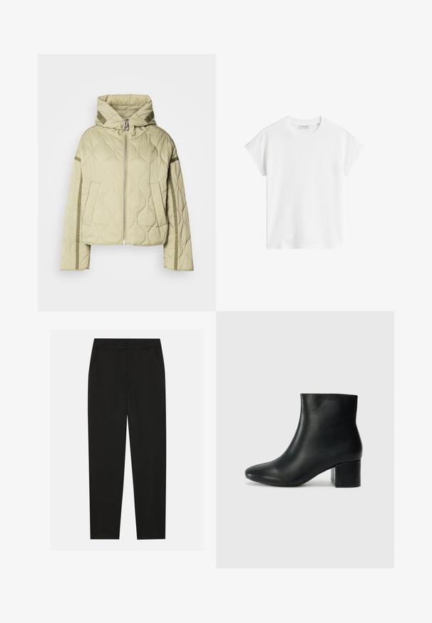 Gepolsterte, hellgrüne Jacke mit Kapuze, Reißverschluss vorne, zwei Seitentaschen und kontrastierenden Stoffakzenten entlang der Ärmel.; Weißes kurzärmliges T-Shirt aus Baumwolle. Hat eine lockere Passform mit Rundhalsausschnitt und leicht gesenkten Schulternähten. Keine Muster oder Akzente.; Schwarze Hosen mit taillierter Passform, ausgestattet mit seitlichen Taschen und geradem Bein. Hergestellt aus glattem, leichtem Stoff mit einem eleganten Finish.; Schwarze Leder-Ankle-Boots mit spitzem Zehenbereich und klobigem Absatz. Glatte Textur mit minimalen Akzenten und einem eleganten, taillierten Design.