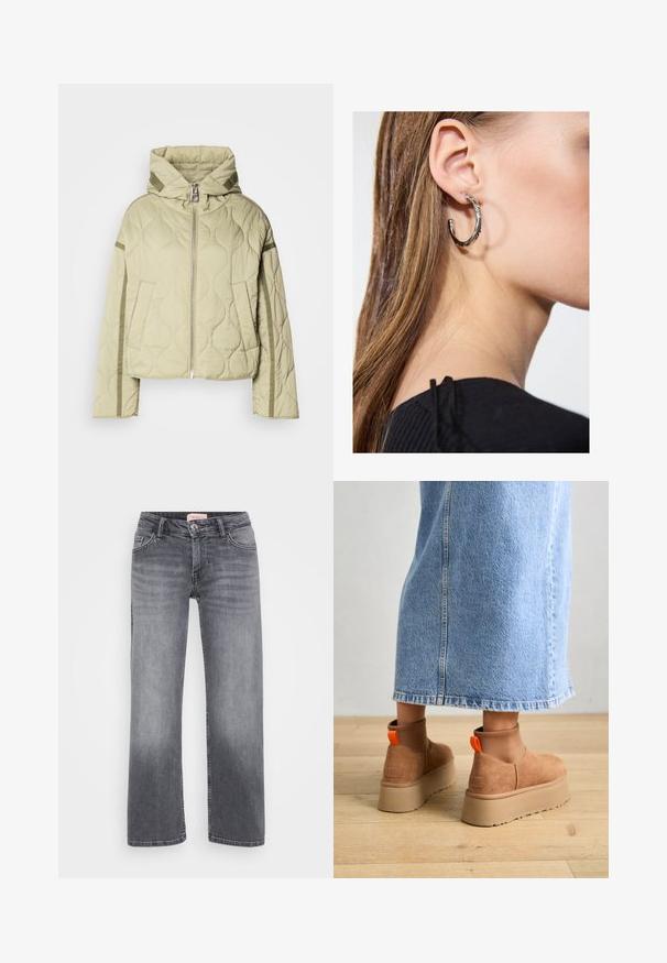 Kviltet, lysegrøn jakke med hætte, lynlås foran, to sidelommer og kontrasterende stofdetaljer langs ærmerne.; Even&Odd Petite 2 PACK - Top - light grey/black; Grå denim jeans med lige bendesign, fem-lommestil, subtil fading og trykknaplukning i taljen.; Brune ruskinds platform støvler med elastiske sidepaneler og orange trækstropper, parret med en knælang lys denimnederdel på et trægulv.; Sølv hoop ørestik med en poleret overflade, prydet med små guld accenter og en rund form, båret på øreflippen.