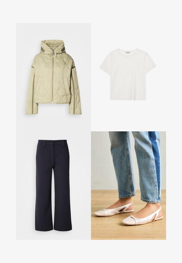 Veste matelassée vert clair avec capuche, fermeture zippée à l'avant, deux poches latérales et accents en tissu contrasté le long des manches.; T-shirt blanc à manches courtes en coton doux. Présente un col rond et une coupe décontractée. Design épuré sans motifs ni accents visibles.; Pantalons à jambes larges en tissu bleu marine foncé. Avec une taille plate, des passants de ceinture et des poches latérales. Le matériau est lisse avec une légère élasticité.; Ballerines slingback rose pâle avec un bout pointu, fabriquées en un matériau semblable au cuir lisse. Présentent des découpes sur les côtés et un talon plat.