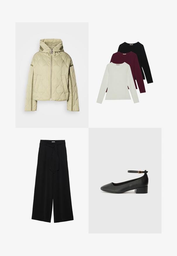 Quilted, šviesiai žalias švarkas su kapišonu, užtrauktuku priekyje, dviem šoniniais kišenėm ir kontrastingomis medžiagomis per rankoves.; Ilgomis rankovėmis marškiniai baltos, bordo ir juodos spalvos. Pagaminti iš minkštos medžiagos, su apvaliu iškirpimu ir prigludusia forma. Tinka sluoksniavimui.; Juoda plačių kojų kelnės, pagamintos iš tekstūruoto audinio, su elastingu juosmeniu ir atsegamu diržu juosmenyje, leidžiančiu reguliuoti dydį.; Juodas odinis aukštakulnis batelis su smailiu pirštu ir žemu bloku. Su kulkšnies dirželiu su auksinės spalvos sagtimi. Lygus paviršius.