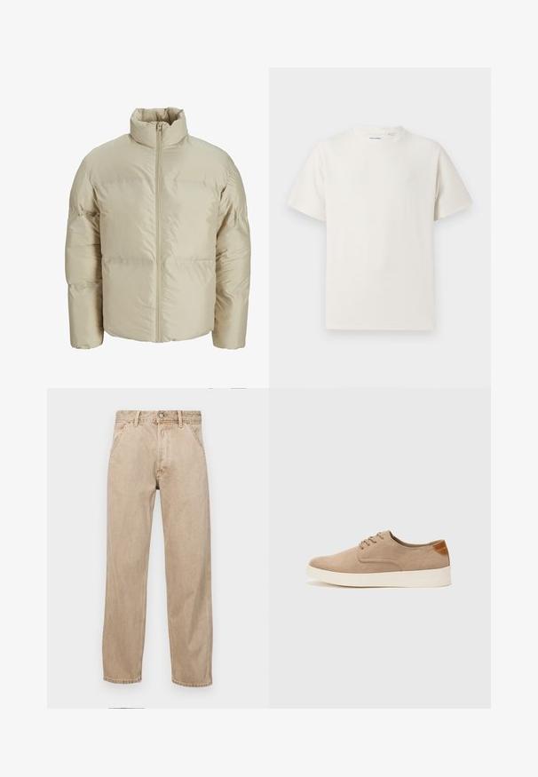 Šviesiai rudas pūkinis švarkas su aukštu apykakle, priekyje užtrauktuku ir siuvinėjimu, didelio dydžio ir glotnios tekstūros.; Balta trumpa rankovė T-polo marškinėlių su juostelėmis tekstūra. Apvalus iškirpimas, laisvas fasonas, jokių matomų raštų ar akcentų. Paprastas ir universalus dizainas.; Smėlio spalvos džinsai su tiesia kojų siluetu, turintys priekinę kišenę, metalinį mygtuką ir subtilią tekstūrą.; Bežiniai zomšiniai sportbačiai su apvaliomis pirštų dalimis, raišteliais priekyje ir tekstūruotu užkulniu. Balta guma suteikia kontrastą. Paprastas ir modernus dizainas.