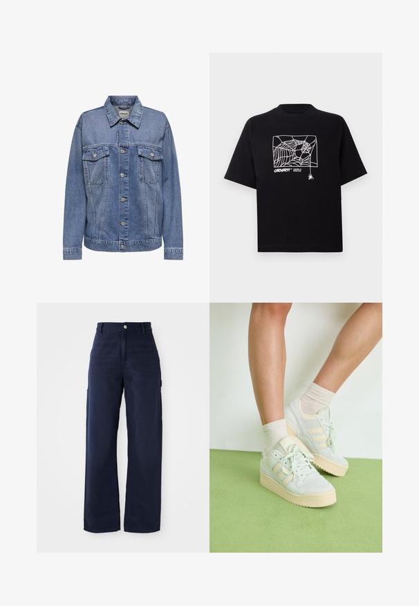 Chaqueta de denim en azul claro, con cuello tipo solapa, cierre delantero con botones, dos bolsillos en el pecho y mangas largas con puños abotonados.; Camiseta negra de algodón con mangas cortas. Presenta un gráfico de telaraña blanca y un logo en la parte frontal. Cuello redondeado simple.; Pantalones cargo de pierna ancha en azul marino, confeccionados con una tela de algodón resistente, que incluyen bolsillos laterales y cierre de botón en la cintura.; Zapatillas verde claro con una superficie texturizada, con tres rayas blancas, suela de goma crema y diseño de cordones. Llevadas con calcetines claros.