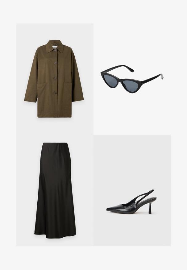 Αλεξιπτωτιστικό λάδι πράσινου χρώματος με γιακά, κουμπάκια μπροστά, δύο μεγάλες μπροστινές τσέπες και μακριά μανίκια. Φτιαγμένο από λεία ύφανση.; Σκούρο γκρι πουλόβερ με V-λαιμόκοψη, φτιαγμένο από μαλακό, υφή ύφασμα. Διαθέτει μακριά μανίκια και μια μικρή λογότυπη λεπτομέρεια στο στρίφωμα.; Μαύρη σατέν μακριά φούστα με λεία υφή, ψηλή μέση και φαρδιά βάση. Διαθέτει απλό σχέδιο χωρίς ορατά μοτίβα ή αξεσουάρ.; Μαύρο δερμάτινο παπούτσι με λουράκι και ψηλό τακούνι, με μυτερή μύτη και λεπτό τακούνι σε λευκό φόντο.; Μαύρα γυαλιά ηλίου cat-eye με σκούρους γκρίζους φακούς, κομψό πλαστικό σκελετό, μυτερές γωνίες και ίσιους βραχίονες. Χωρίς ορατό υλικό ή διακοσμητικά στοιχεία.; Καφέ δερμάτινη τσάντα hobo με χαλαρή σχεδίαση και λεία υφή. Φορεμένη με άνετο στυλ από ένα μοντέλο, διαθέτει μεγάλη είσοδο και στρογγυλό σχήμα.