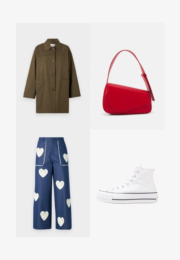 Casaco verde-oliva com gola, fecho frontal por botões, dois bolsos grandes à frente e mangas longas. Feito de um tecido suave.; Blusa floral com mangas bufantes longas, base de creme claro, apresentando padrões florais em roxo, laranja e verde, e design de gola clássica.; Sister Jane HEART TO HEART - Calças de ganga de perna direita - blue denim; Sapatilha alta de tela branca com sola de borracha preta, bico de borracha na frente e seis ilhós para os atacadores, apresentando um design limpo e minimalista.; Bolsa de mão em couro vermelho com um design angular e geométrico. Apresenta uma única alça ajustável e um fecho com aba, com detalhes cosidos.