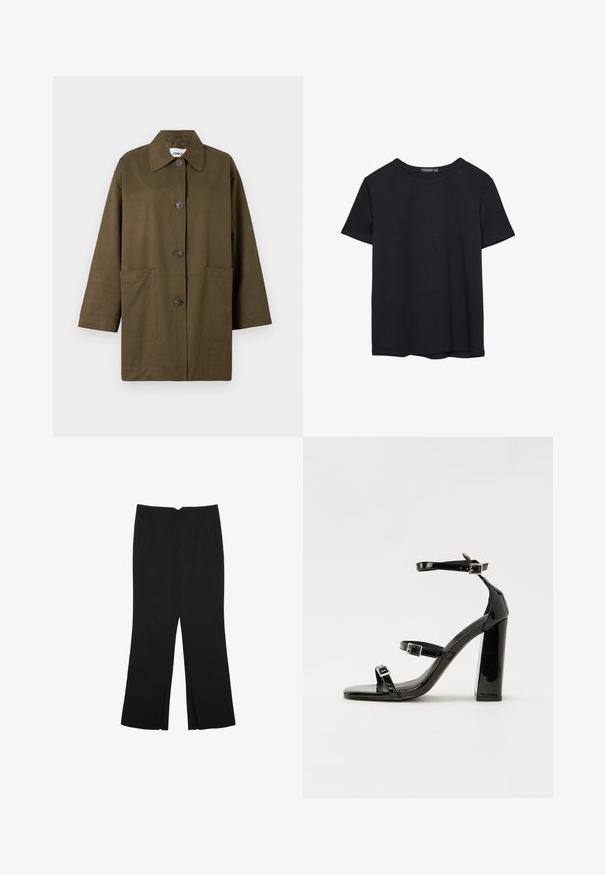 Olivno zelena jakna s ovratnikom, sprednjim gumbom, dvema velikima sprednjima žepoma in dolgimi rokavi. Narejena iz gladkega materiala.; Enostavna črna bombažna majica s kratkimi rokavi in okroglim izrezom, prikazana na belem ozadju.; Črne hlače ravnega kroja z naglavnimi žepi in stranskimi razporki na robu. Narejene iz mehke, gladke tkanine. Primerne za različne priložnosti.; Črne lakirane sandale s peto, kvadratnim prstom, trakovi okrog gležnja in srebrnimi zaponkami. Opremljene so s stabilno Debelo peto.