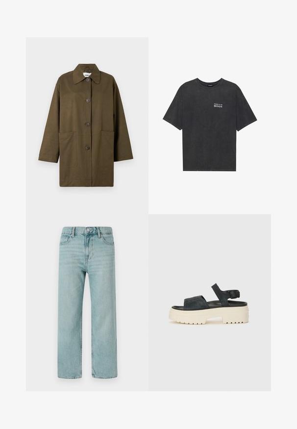 Olivengrønn jakke med krage, knappestolpe, to store frontlommer og lange ermer. Laget av et glatt stoff.; Svart bomull T-skjorte med løs passform, med teksten "MÅNENS FASER" i hvitt på venstre bryst. Korte ermer, rund halsdesign.; Lys blå vidbukser laget av denim, med et klassisk fem-lomme design, rene linjer og en vanlig midje med knappefeste.; Sorte semsket platåsandaler med en kraftig hvit såle, bred fremre stropp og justerbar ankelspenne. Teksturert yttersåle for godt grep.